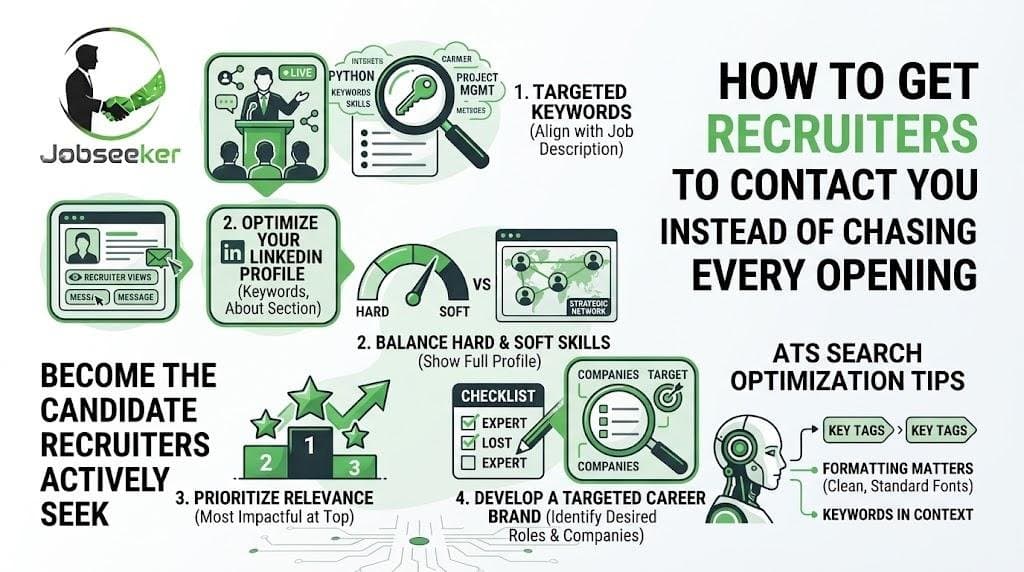 Infographic on becoming the candidate recruiters seek: targeted keywords, an optimized profile, and a clear career brand