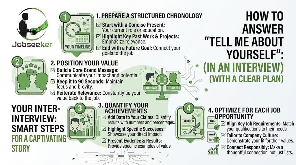 Infographic on answering tell me about yourself: a structured present-past-future story, positioning your value, and tailoring to each job