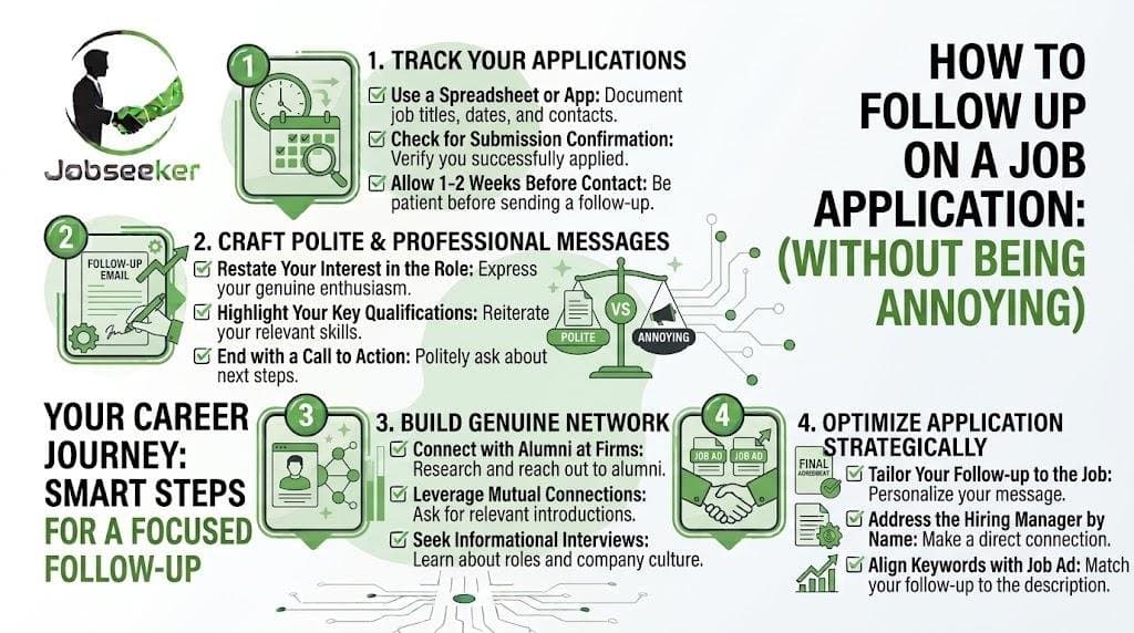 Infographic on following up on a job application: tracking applications, polite messages, networking, and tailored follow-ups