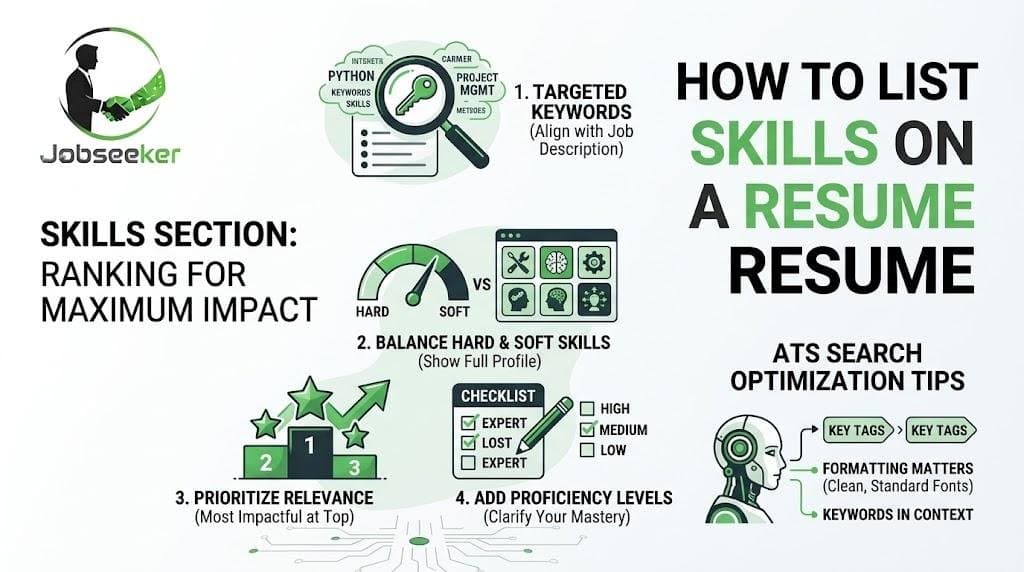 Infographic on building a resume skills section: targeted keywords, hard and soft skills, relevance, and proficiency levels