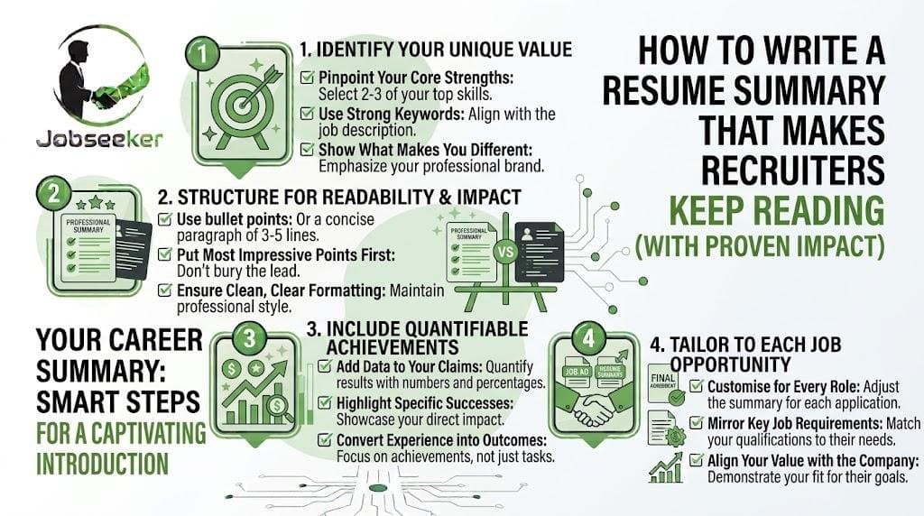 Infographic on writing a resume summary: unique value, readable structure, quantifiable achievements, and tailoring to each job