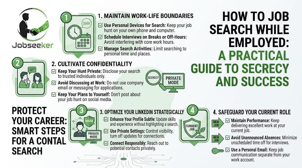 Infographic on running a confidential job search: work-life boundaries, confidentiality, careful profile updates, and protecting your current role