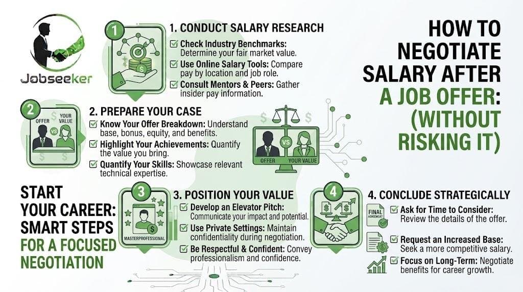 Infographic on negotiating salary after a job offer: research, preparing your case, positioning your value, and closing the deal