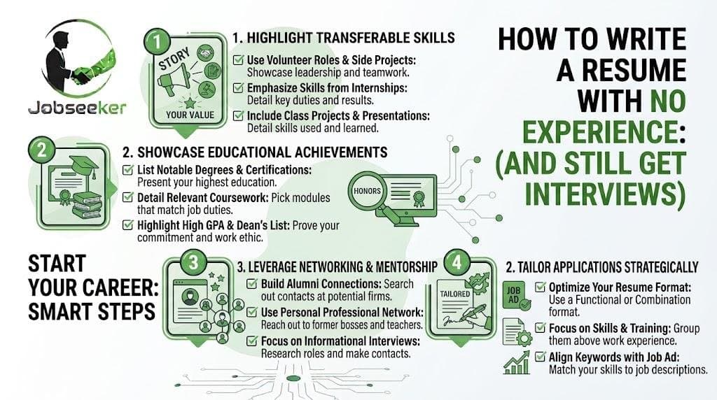 Infographic on writing a resume with no experience: transferable skills, education, networking, and tailored applications