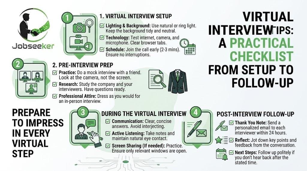 Virtual interview checklist infographic covering setup, pre-interview prep, the call itself, and post-interview follow-up